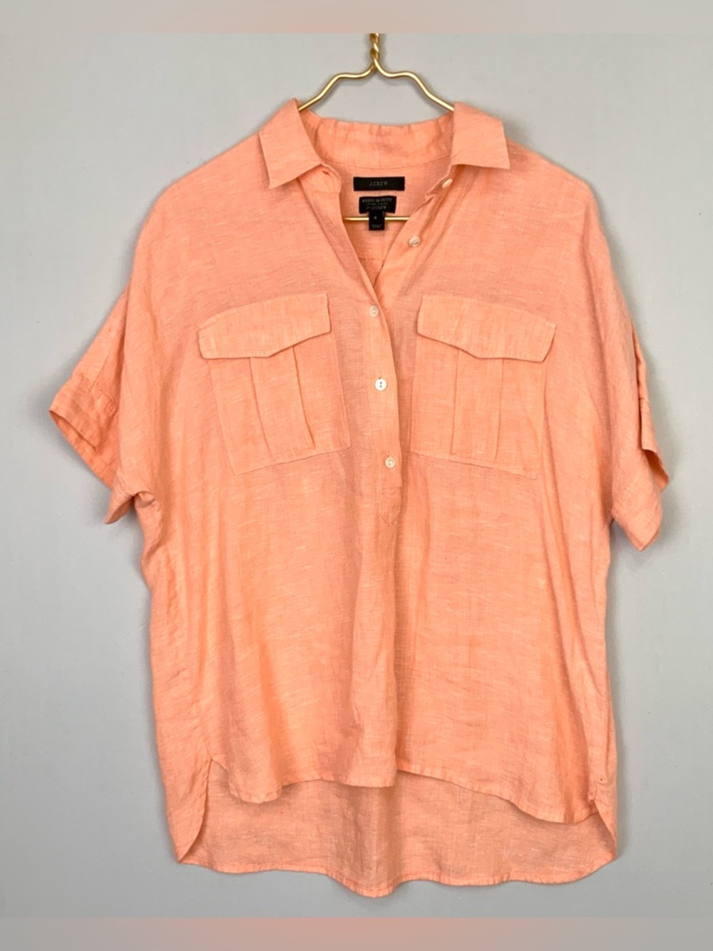 J. Crew Baird McNutt Irish Linen Sz 6 Peach Orange Button Popover Shirt Top